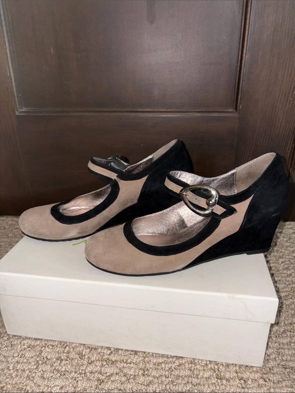 Milano Mode Suede Mary Jane Wedge Pumps in Beige and Black